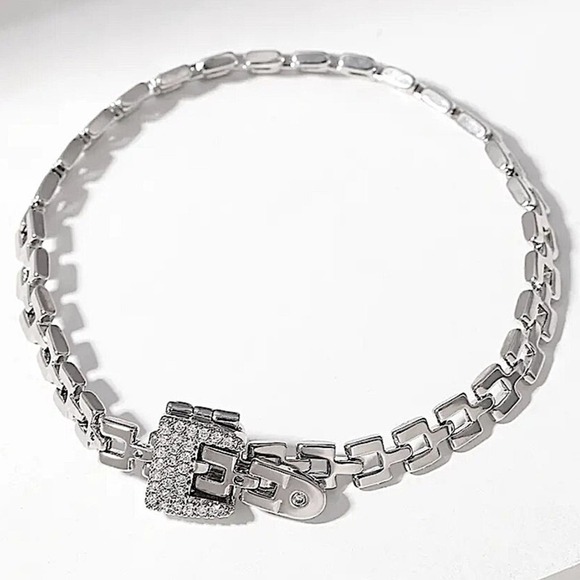 Silver Belt Buckle Bracelet Matching Ring Set, Minimalist, Zircon, Chain Link - Picture 9 of 12